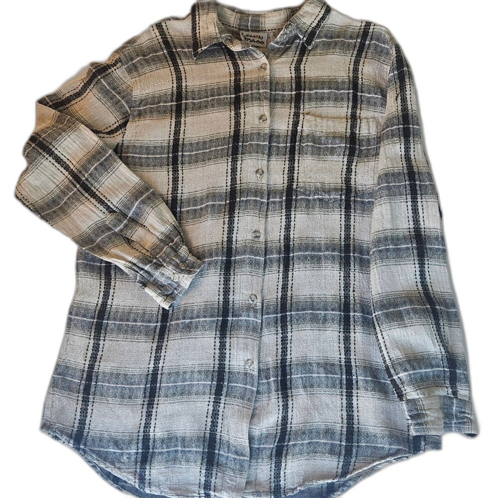 Lemon Grass Linen Blend Casual Button Up Striped Shirt Flannel Style Large